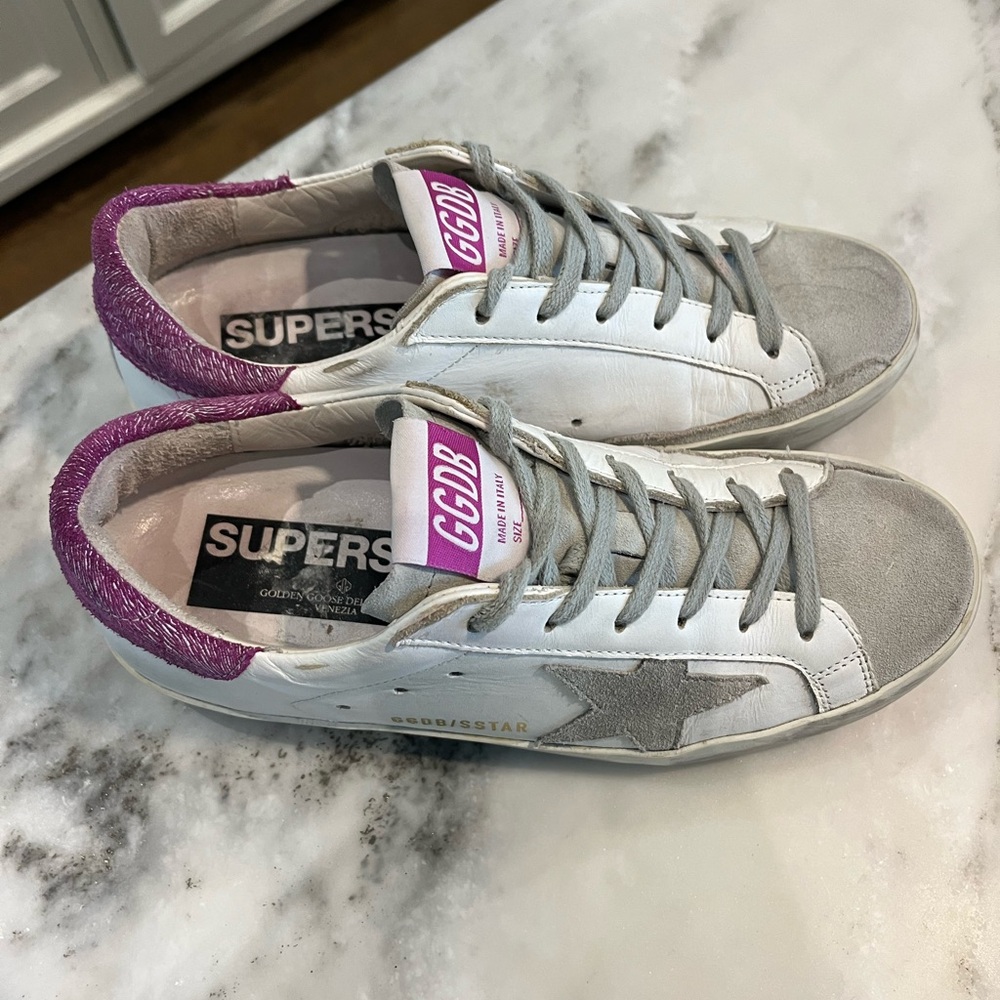 Golden Goose White Sneakers with Pink Heel Tab and Gray Star - Picture 2 of 6